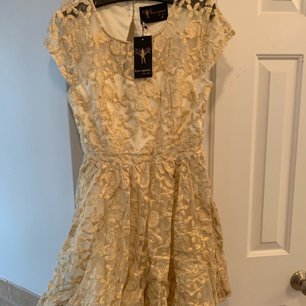 New Gold Lace Overlay Party Dress Size Medium